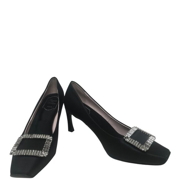 Roger Vivier Trompette Crystal Buckle Squared Toe Black Satin 70mm Pumps Size 11 - Picture 16 of 16